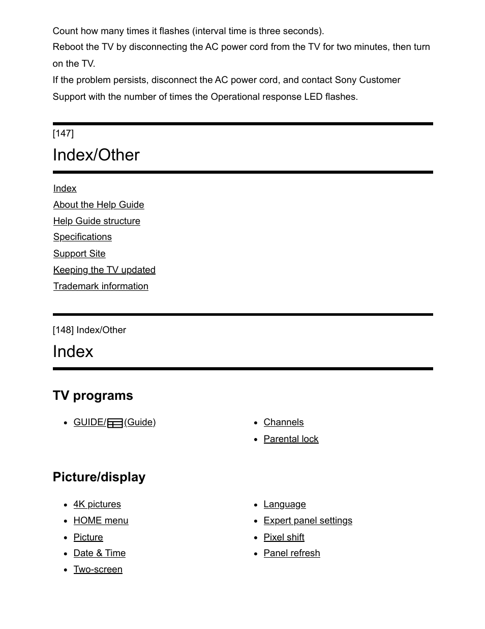 Index/other [147, Index [148, Index/other | Index, Tv programs, Picture/display | Sony NPA-MQZ1K Multi Battery Adapter Kit User Manual | Page 139 / 147