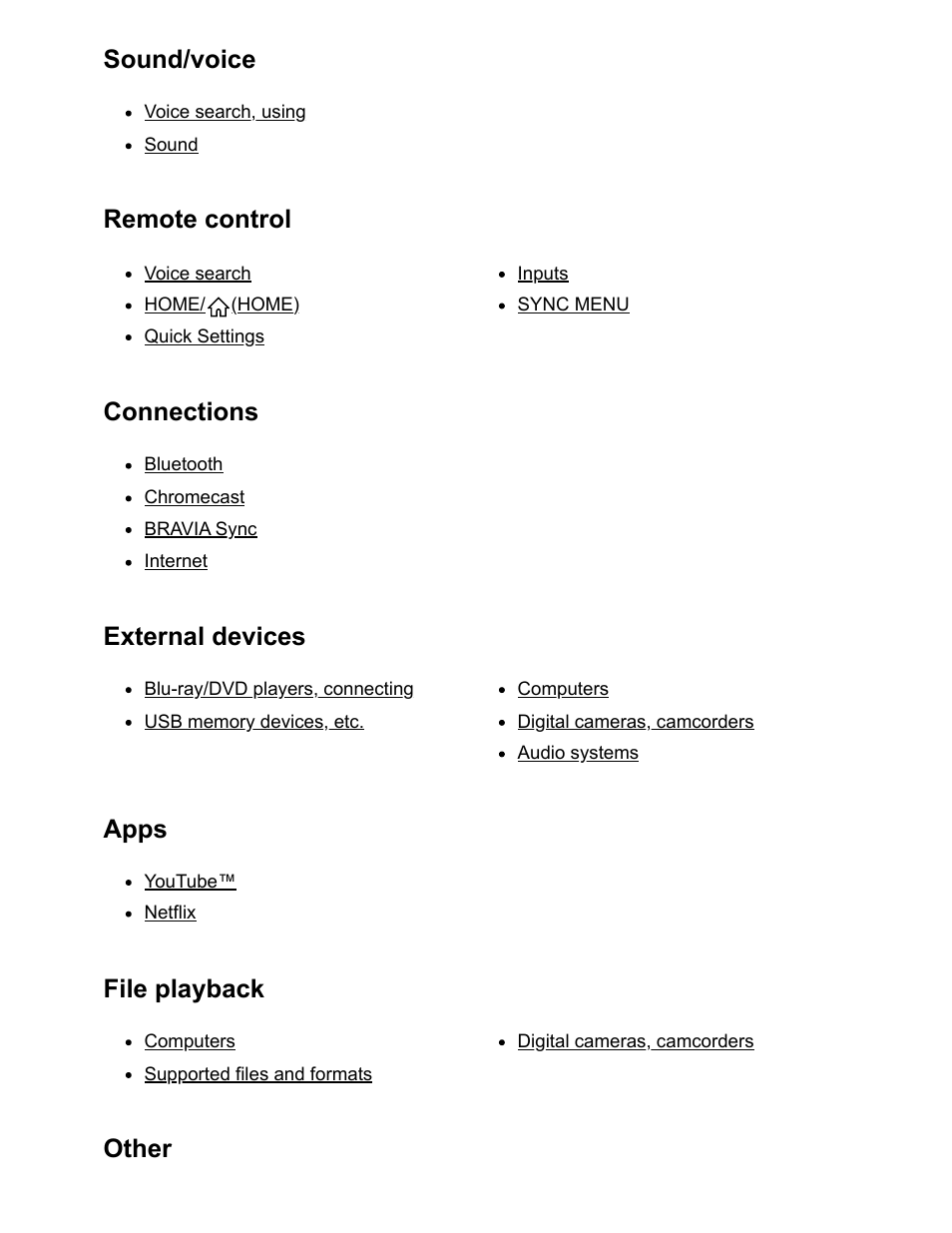 Sound/voice, Remote control, Connections | External devices, Apps, File playback, Other | Sony NPA-MQZ1K Multi Battery Adapter Kit User Manual | Page 140 / 147