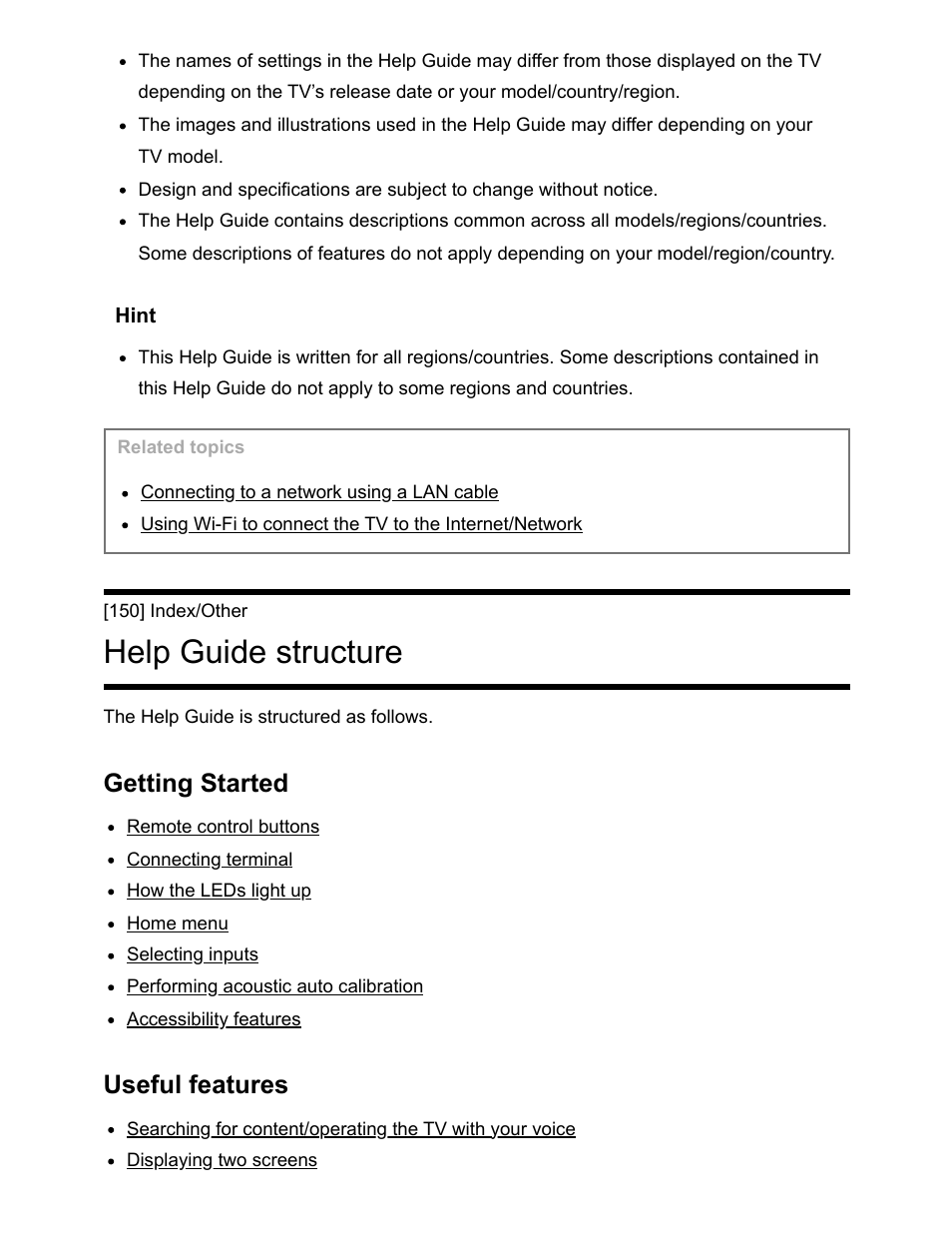 Help guide structure [150, Help guide structure, Getting started | Useful features | Sony NPA-MQZ1K Multi Battery Adapter Kit User Manual | Page 142 / 147