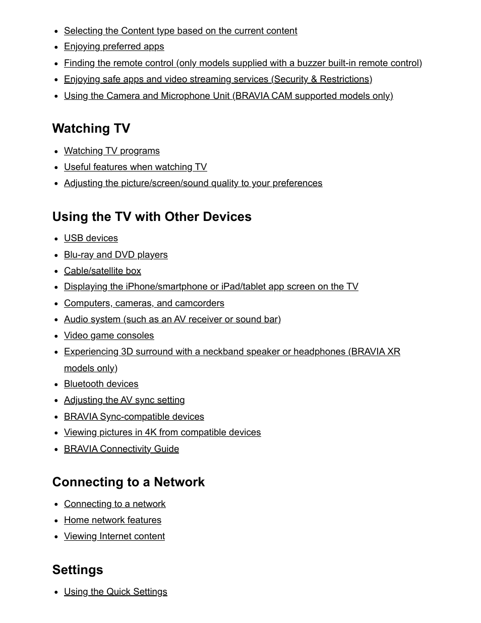 Watching tv, Using the tv with other devices, Connecting to a network | Settings | Sony NPA-MQZ1K Multi Battery Adapter Kit User Manual | Page 143 / 147