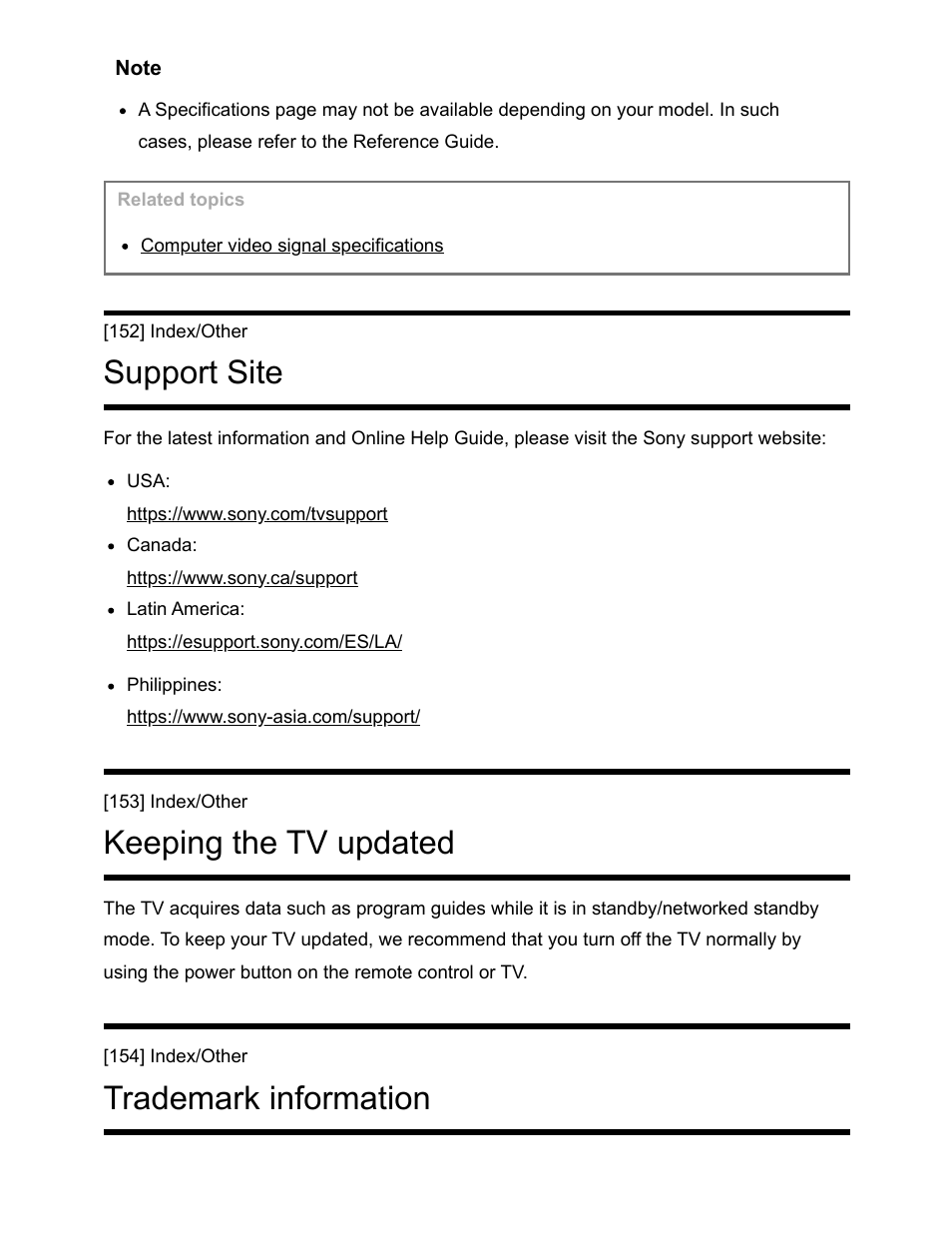 Support site [152] keeping the tv updated [153, Trademark information [154, Support site | Keeping the tv updated, Trademark information | Sony NPA-MQZ1K Multi Battery Adapter Kit User Manual | Page 145 / 147