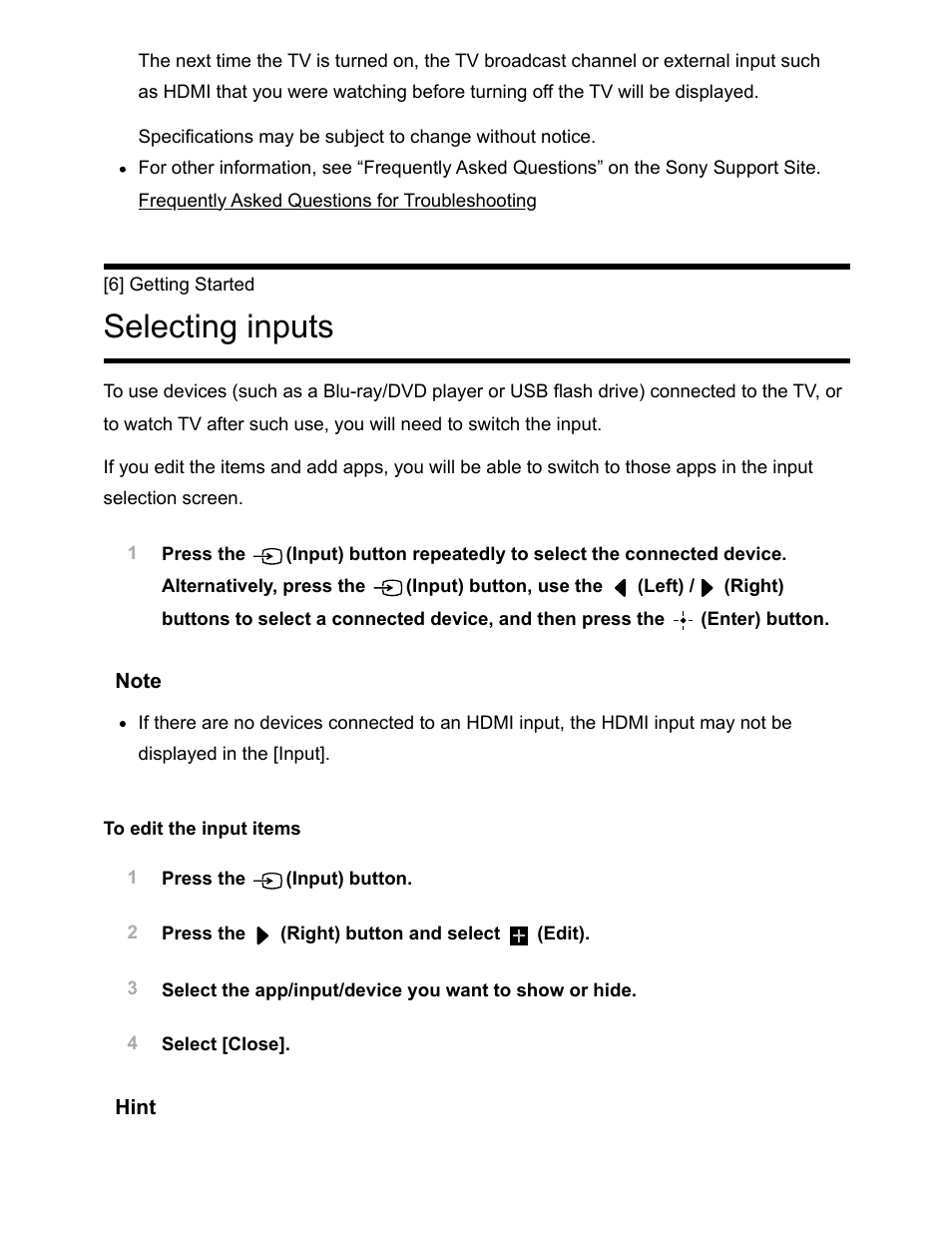 Selecting inputs [6, Selecting inputs | Sony NPA-MQZ1K Multi Battery Adapter Kit User Manual | Page 15 / 147
