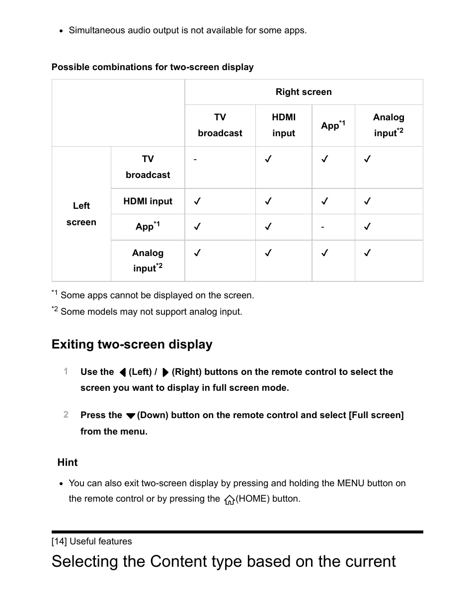 Selecting the content type based on the current, Exiting two-screen display | Sony NPA-MQZ1K Multi Battery Adapter Kit User Manual | Page 24 / 147