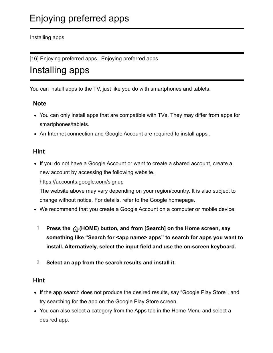 Installing apps [16, Enjoying preferred apps, Installing apps | Sony NPA-MQZ1K Multi Battery Adapter Kit User Manual | Page 26 / 147