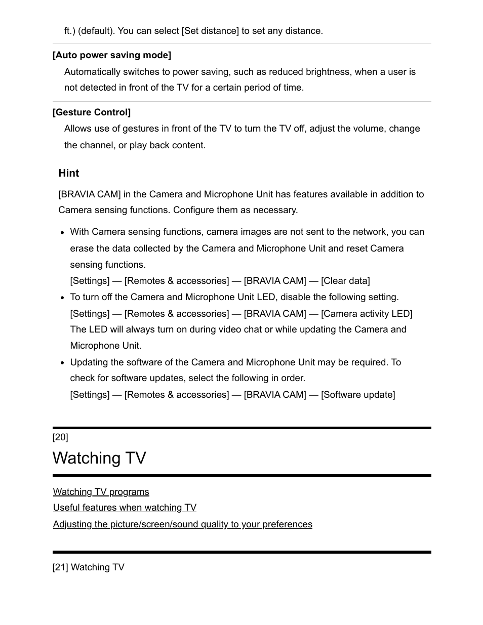 Watching tv [20, Watching tv programs [21, Watching tv | Sony NPA-MQZ1K Multi Battery Adapter Kit User Manual | Page 33 / 147