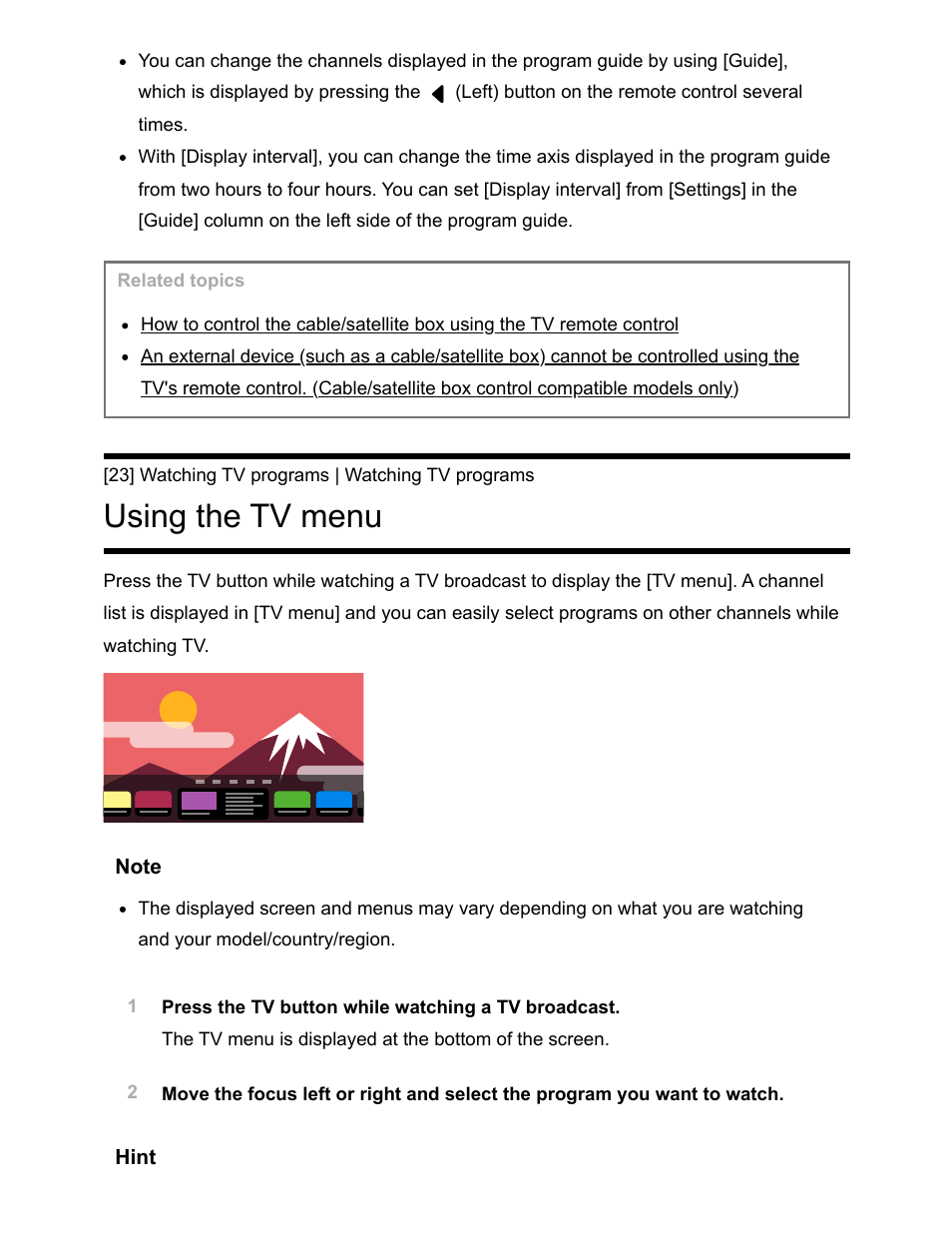 Using the tv menu [23, Using the tv menu | Sony NPA-MQZ1K Multi Battery Adapter Kit User Manual | Page 35 / 147