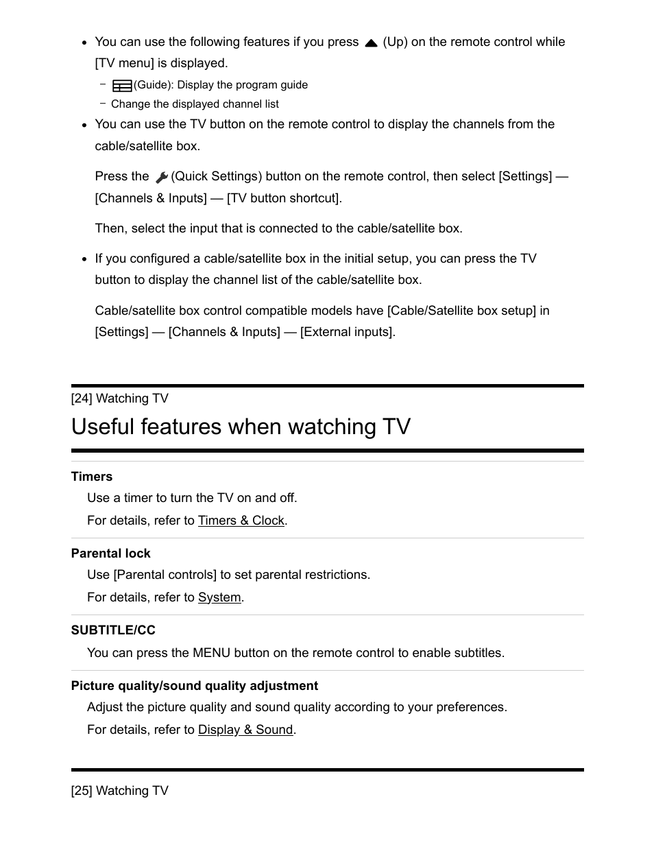 Useful features when watching tv [24, Useful features when watching tv | Sony NPA-MQZ1K Multi Battery Adapter Kit User Manual | Page 36 / 147