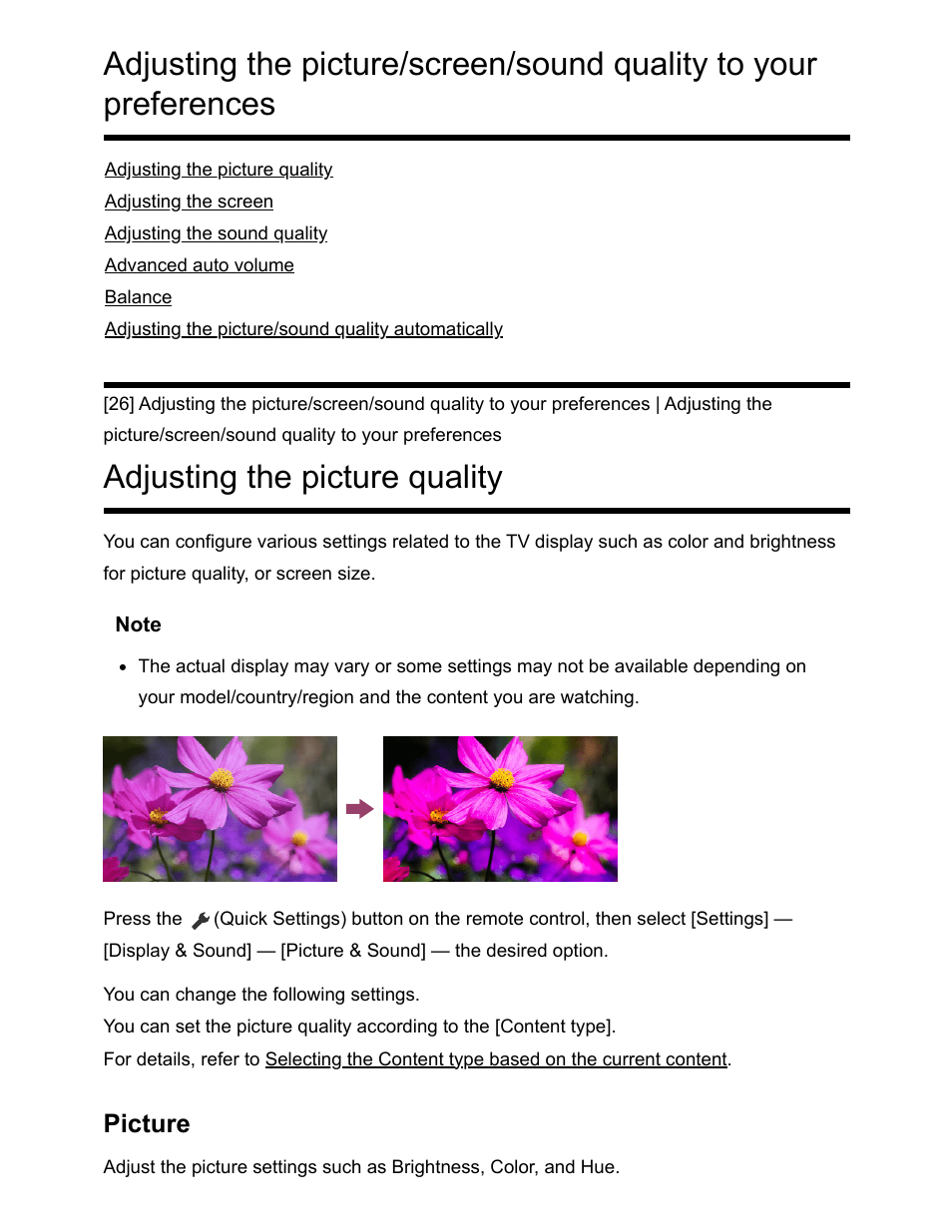 Adjusting the picture quality [26, Adjusting the picture quality, Picture | Sony NPA-MQZ1K Multi Battery Adapter Kit User Manual | Page 37 / 147