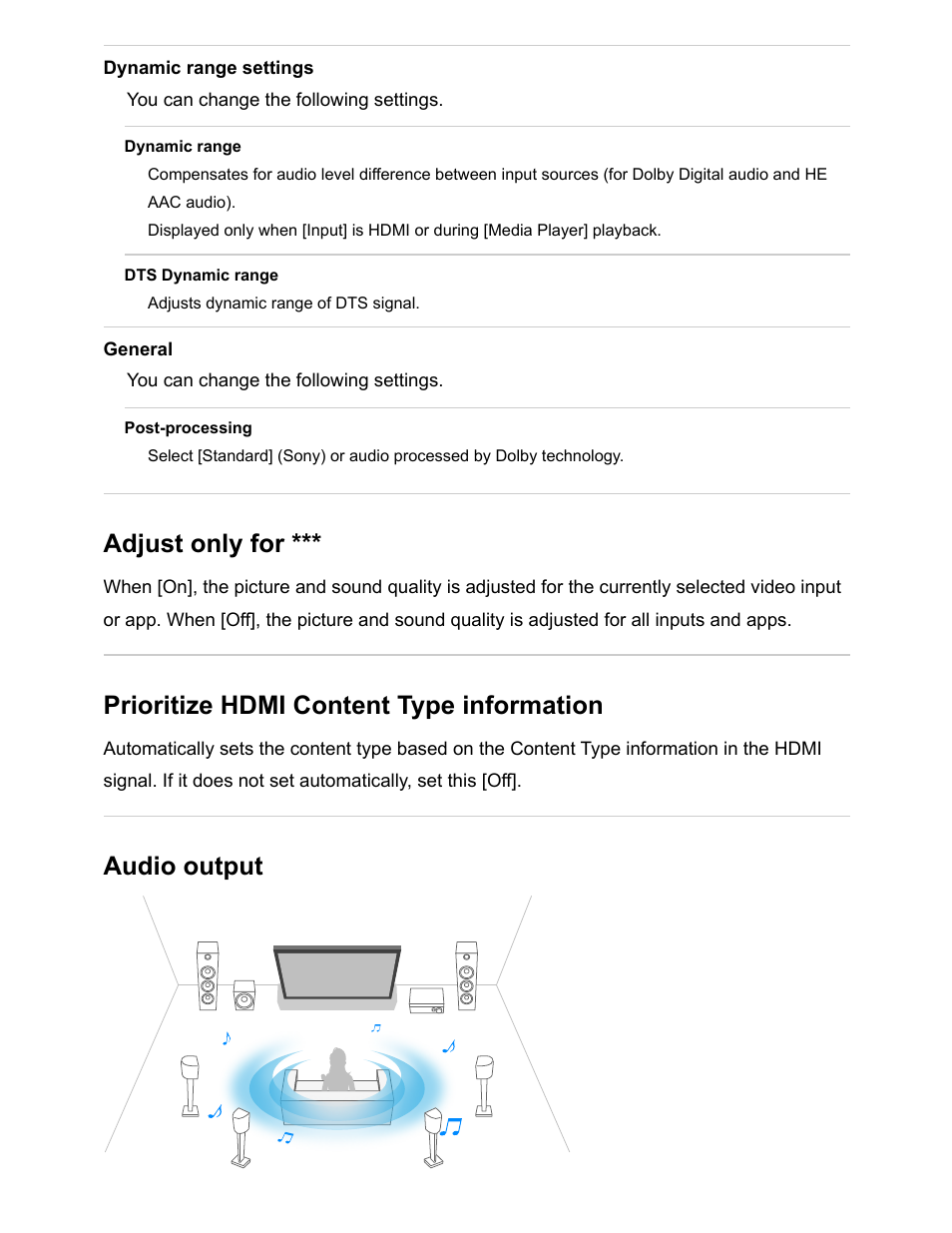 Adjust only for, Prioritize hdmi content type information, Audio output | Sony NPA-MQZ1K Multi Battery Adapter Kit User Manual | Page 42 / 147