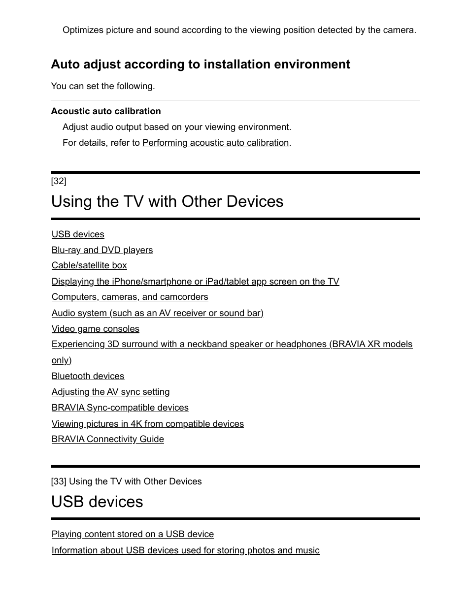 Using the tv with other devices [32, Usb devices [33, Using the tv with other devices | Usb devices, Auto adjust according to installation environment | Sony NPA-MQZ1K Multi Battery Adapter Kit User Manual | Page 47 / 147