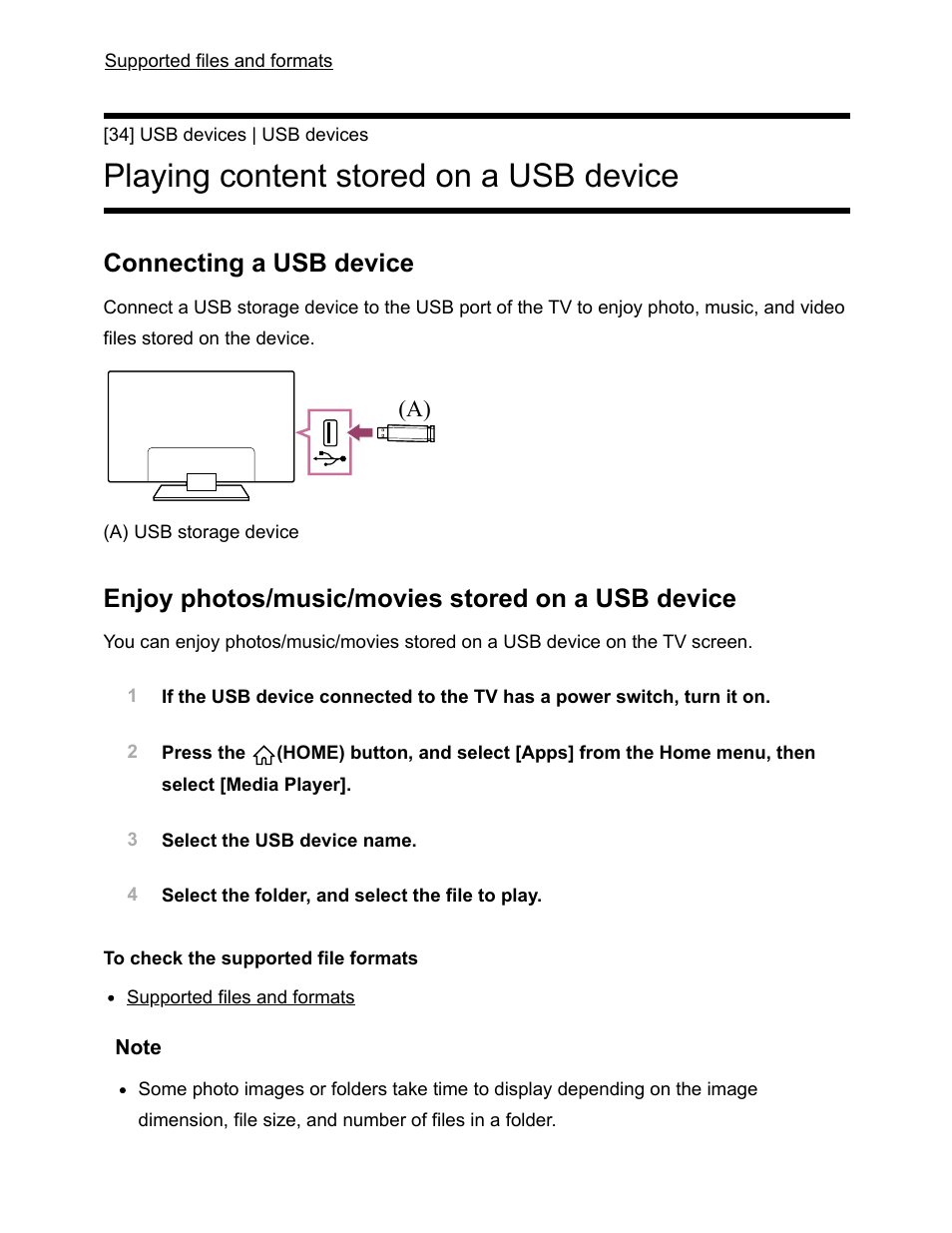 Playing content stored on a usb device [34, Playing content stored on a usb device, Connecting a usb device | Enjoy photos/music/movies stored on a usb device | Sony NPA-MQZ1K Multi Battery Adapter Kit User Manual | Page 48 / 147