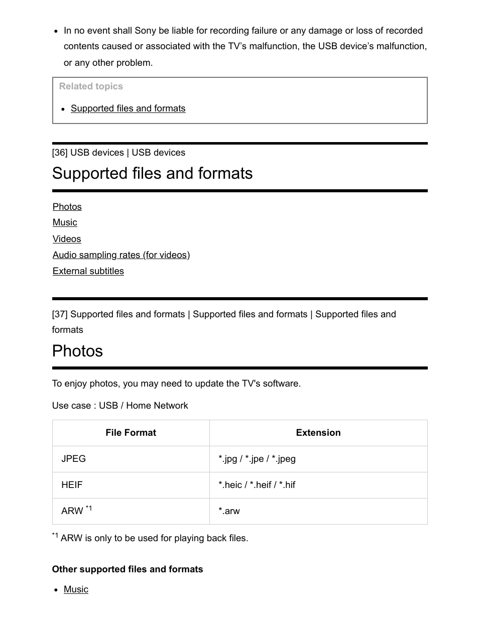 Supported files and formats [36, Photos [37, Supported files and formats | Photos | Sony NPA-MQZ1K Multi Battery Adapter Kit User Manual | Page 50 / 147