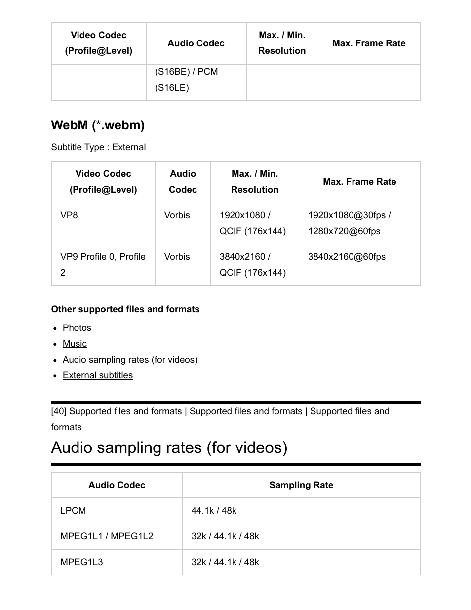 Audio sampling rates (for videos) [40, Audio sampling rates (for videos), Webm (*.webm) | Sony NPA-MQZ1K Multi Battery Adapter Kit User Manual | Page 60 / 147