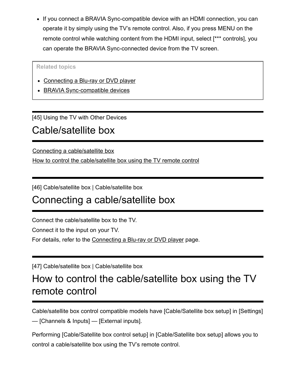 Cable/satellite box [45, Connecting a cable/satellite box [46, Cable/satellite box | Connecting a cable/satellite box | Sony NPA-MQZ1K Multi Battery Adapter Kit User Manual | Page 64 / 147