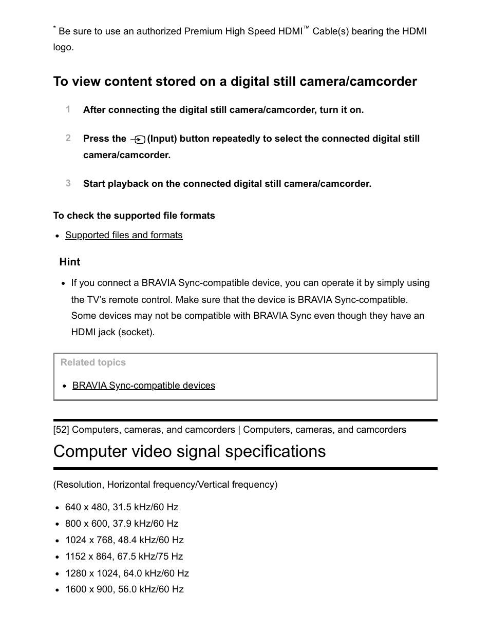 Computer video signal specifications [52, Computer video signal specifications | Sony NPA-MQZ1K Multi Battery Adapter Kit User Manual | Page 69 / 147