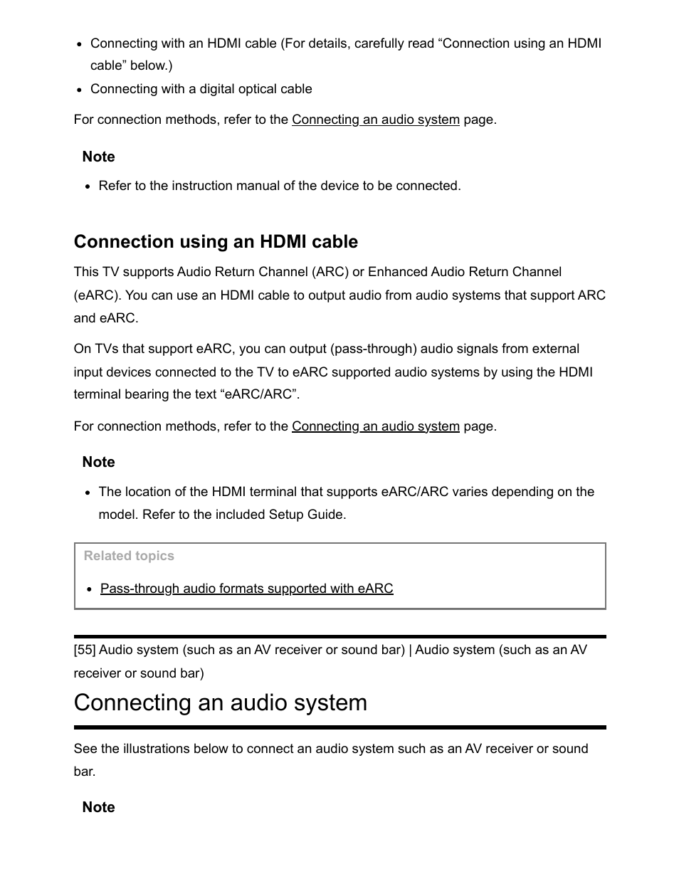 Connecting an audio system [55, Connecting an audio system, Connection using an hdmi cable | Sony NPA-MQZ1K Multi Battery Adapter Kit User Manual | Page 71 / 147