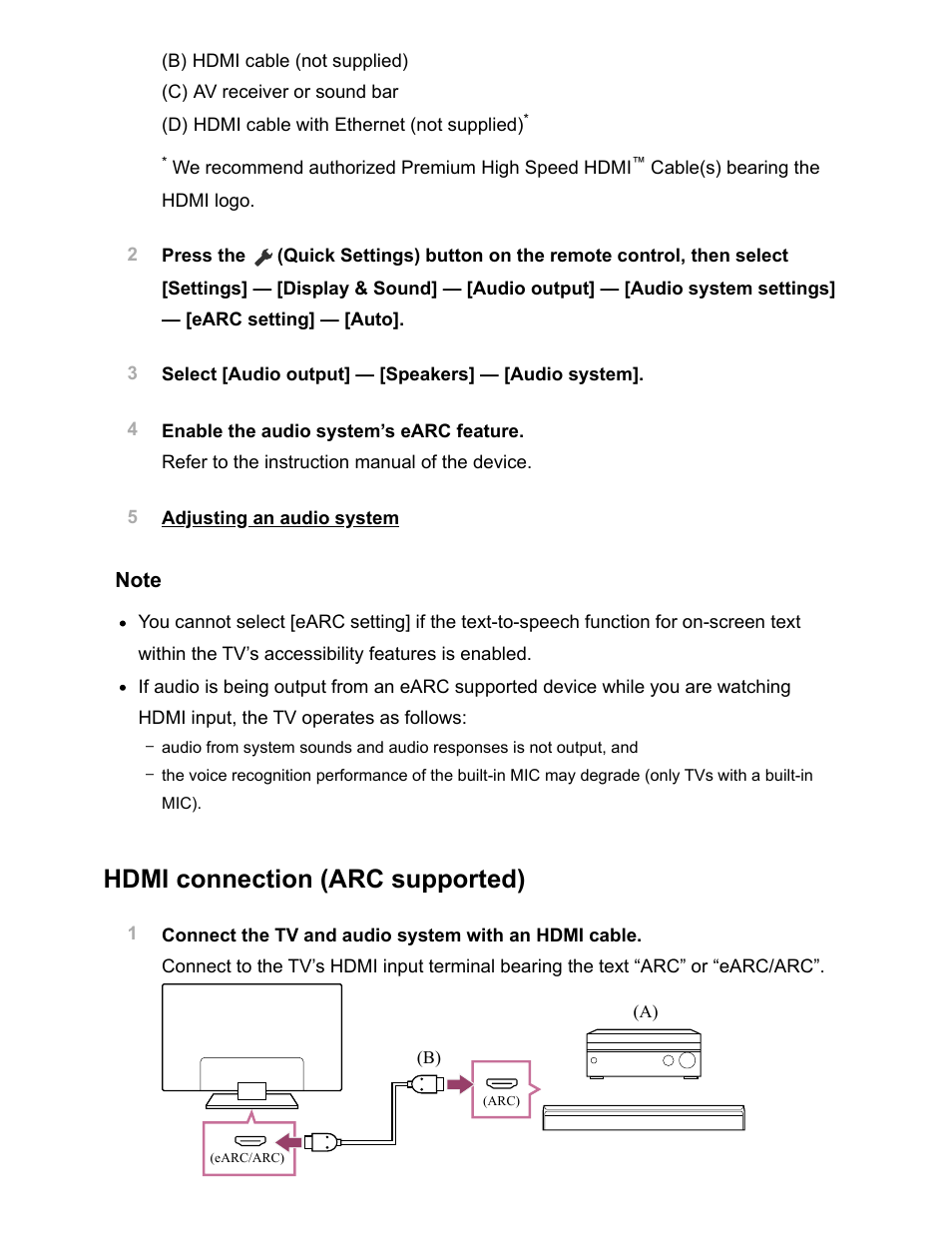 Hdmi connection (arc supported) | Sony NPA-MQZ1K Multi Battery Adapter Kit User Manual | Page 74 / 147