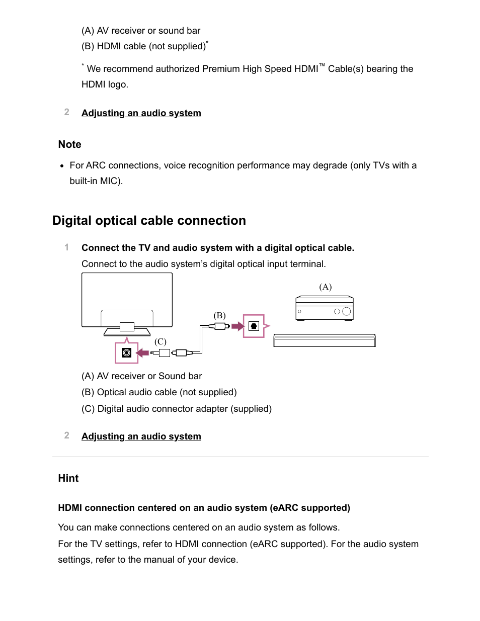 Digital optical cable connection | Sony NPA-MQZ1K Multi Battery Adapter Kit User Manual | Page 75 / 147