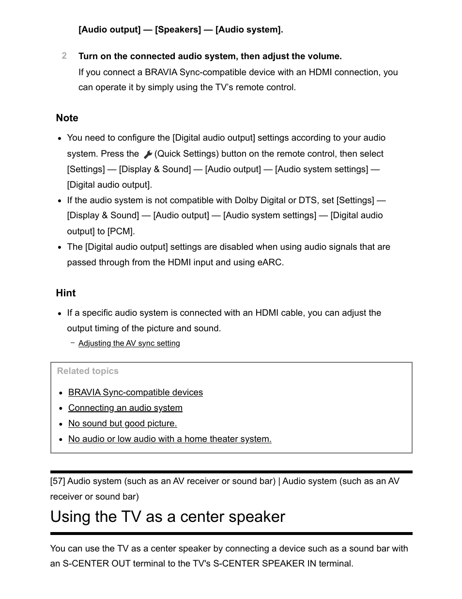 Using the tv as a center speaker [57, Using the tv as a center speaker | Sony NPA-MQZ1K Multi Battery Adapter Kit User Manual | Page 77 / 147