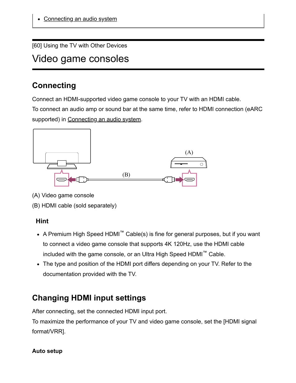 Video game consoles [60, Video game consoles, Connecting | Changing hdmi input settings | Sony NPA-MQZ1K Multi Battery Adapter Kit User Manual | Page 82 / 147