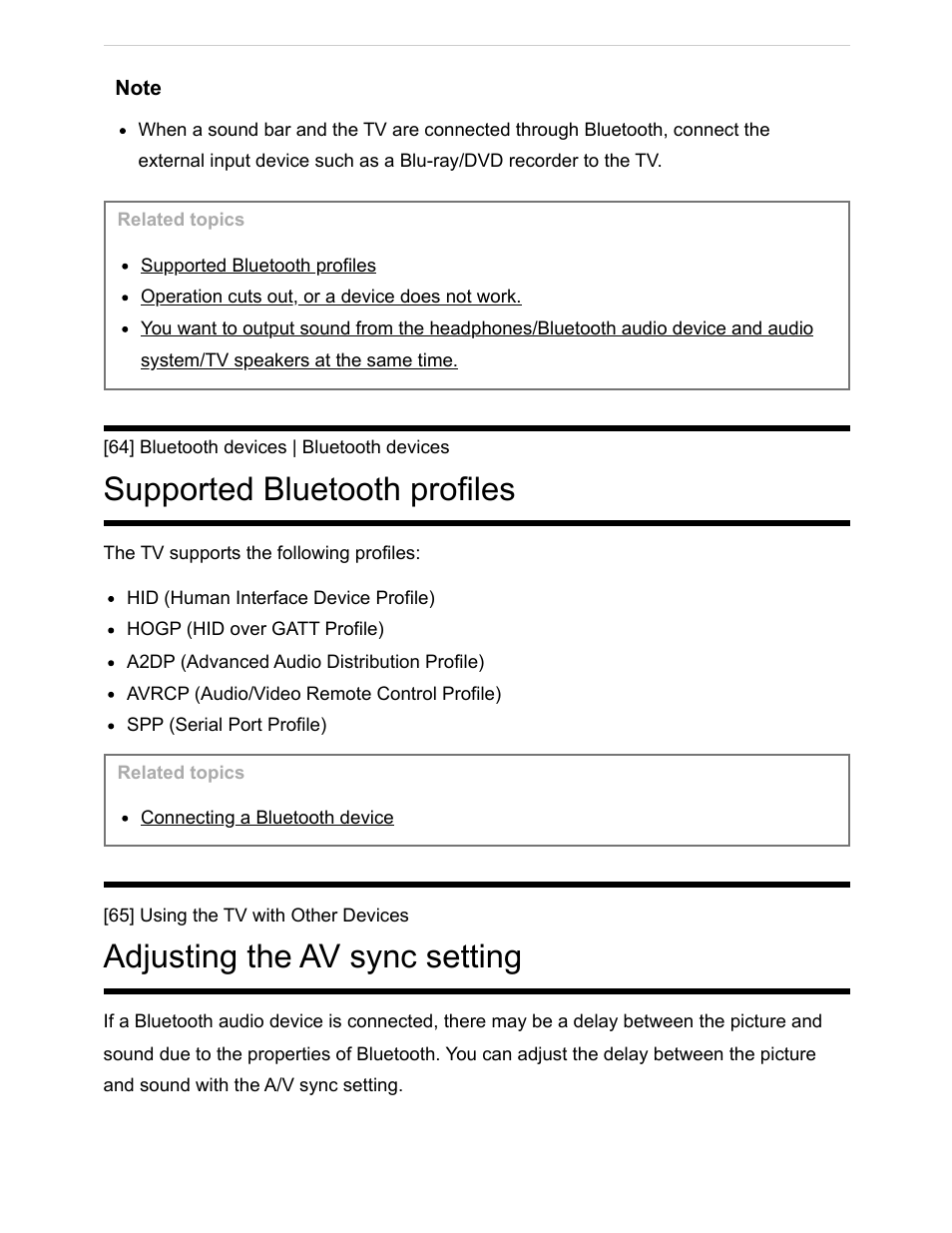 Supported bluetooth profiles [64, Adjusting the av sync setting [65, Supported bluetooth profiles | Adjusting the av sync setting | Sony NPA-MQZ1K Multi Battery Adapter Kit User Manual | Page 86 / 147