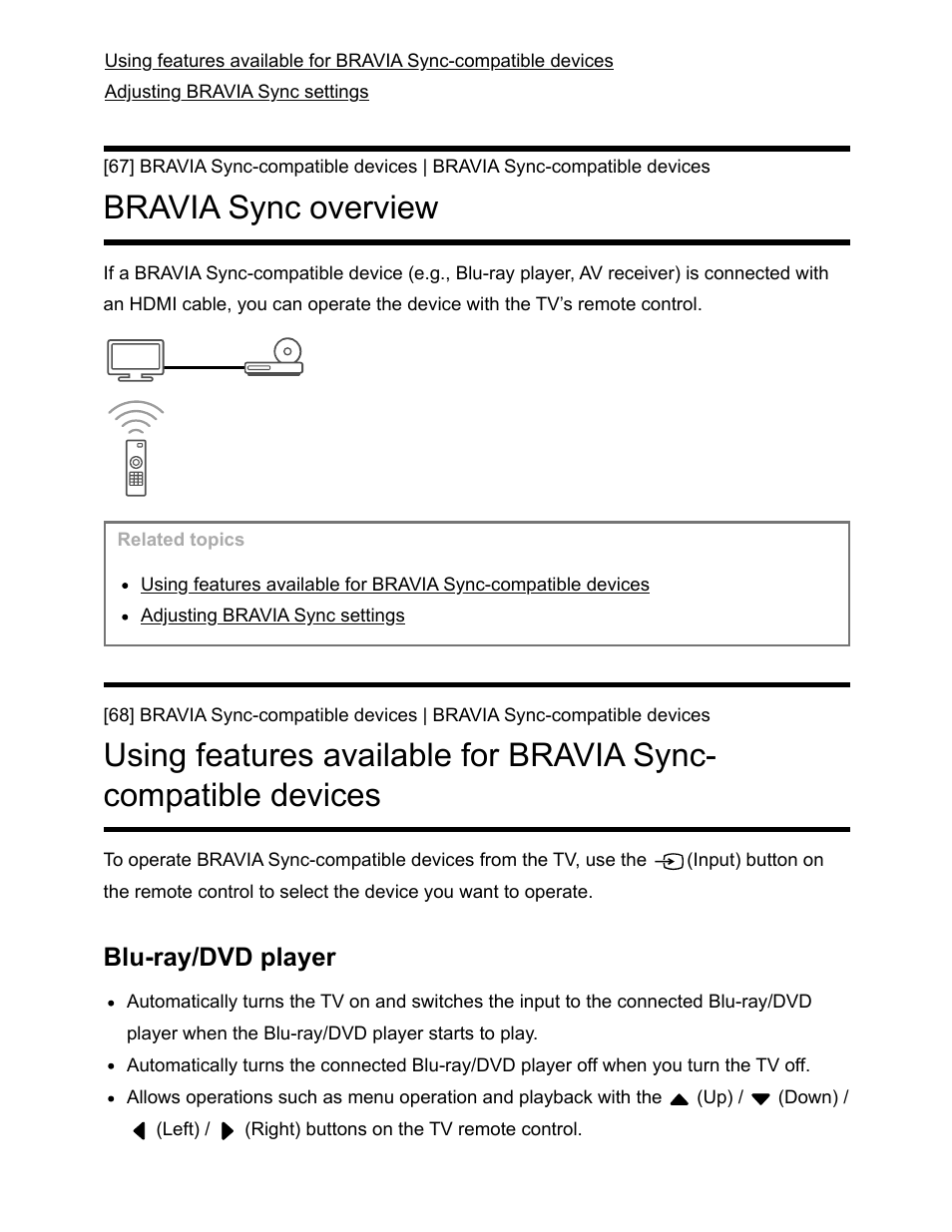 Bravia sync overview [67, Bravia sync overview, Blu-ray/dvd player | Sony NPA-MQZ1K Multi Battery Adapter Kit User Manual | Page 88 / 147
