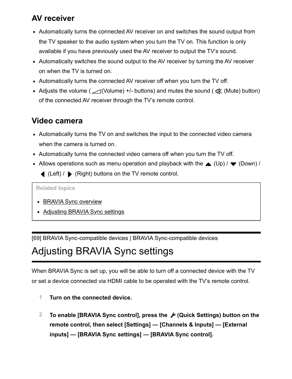 Adjusting bravia sync settings [69, Adjusting bravia sync settings, Av receiver | Video camera | Sony NPA-MQZ1K Multi Battery Adapter Kit User Manual | Page 89 / 147