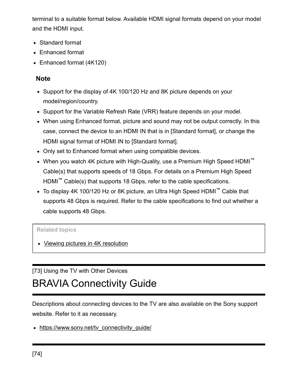 Bravia connectivity guide [73, Connecting to a network [74, Bravia connectivity guide | Sony NPA-MQZ1K Multi Battery Adapter Kit User Manual | Page 93 / 147