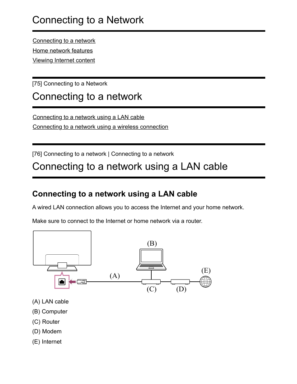 Connecting to a network [75, Connecting to a network using a lan cable [76, Connecting to a network | Connecting to a network using a lan cable | Sony NPA-MQZ1K Multi Battery Adapter Kit User Manual | Page 94 / 147