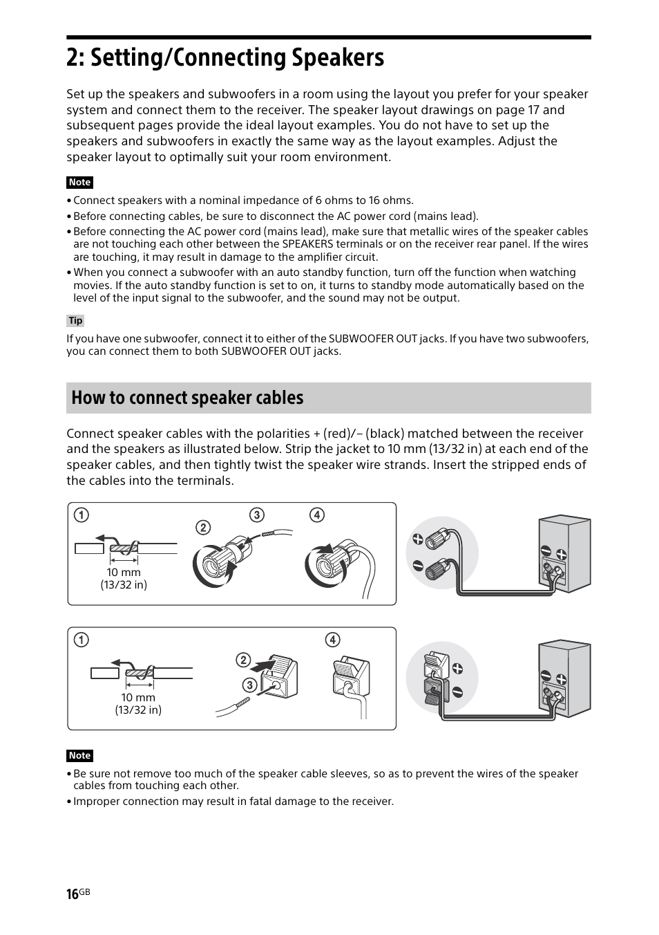 Setting/connecting speakers, How to connect speaker cables | Sony BDP-S1700 Blu-ray Disc Player User Manual | Page 16 / 64