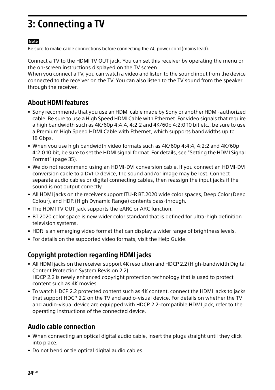 Connecting a tv, About hdmi features, Copyright protection regarding hdmi jacks | Audio cable connection | Sony BDP-S1700 Blu-ray Disc Player User Manual | Page 24 / 64