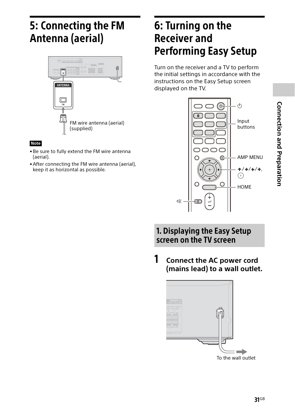 Connecting the fm antenna (aerial), Turning on the receiver and performing easy setup, Turning on the receiver and | Performing easy setup, Displaying the easy setup screen on the tv screen | Sony BDP-S1700 Blu-ray Disc Player User Manual | Page 31 / 64