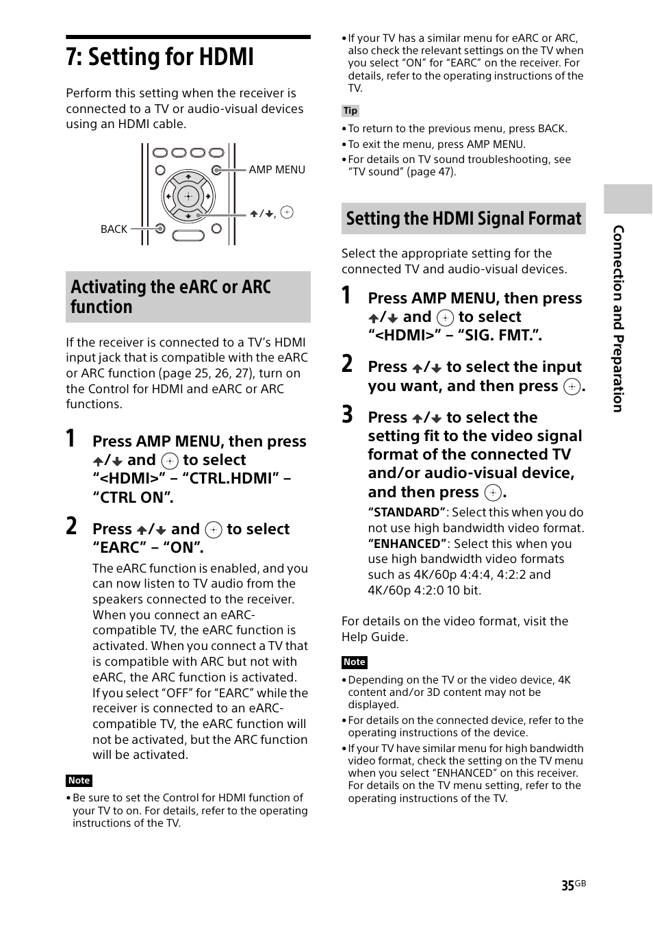 Setting for hdmi, Activating the earc or arc function, Setting the hdmi signal format | Sony BDP-S1700 Blu-ray Disc Player User Manual | Page 35 / 64