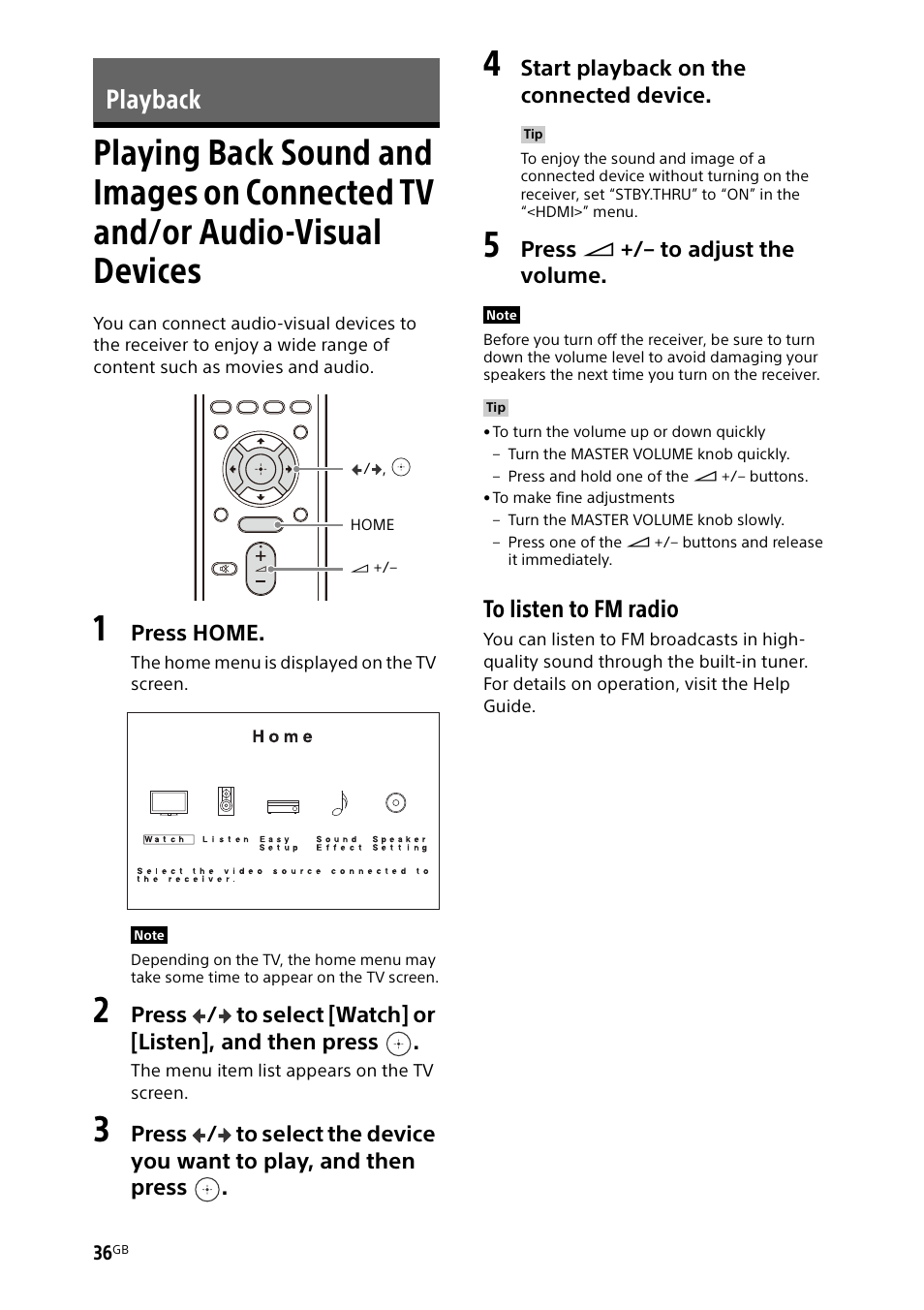 Playback, Playing back sound and images on, Connected tv and/or audio-visual devices | Sony BDP-S1700 Blu-ray Disc Player User Manual | Page 36 / 64