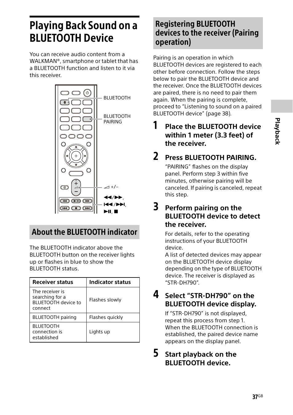 Playing back sound on a bluetooth device, Playing back sound on a bluetooth, Device | About the bluetooth indicator | Sony BDP-S1700 Blu-ray Disc Player User Manual | Page 37 / 64