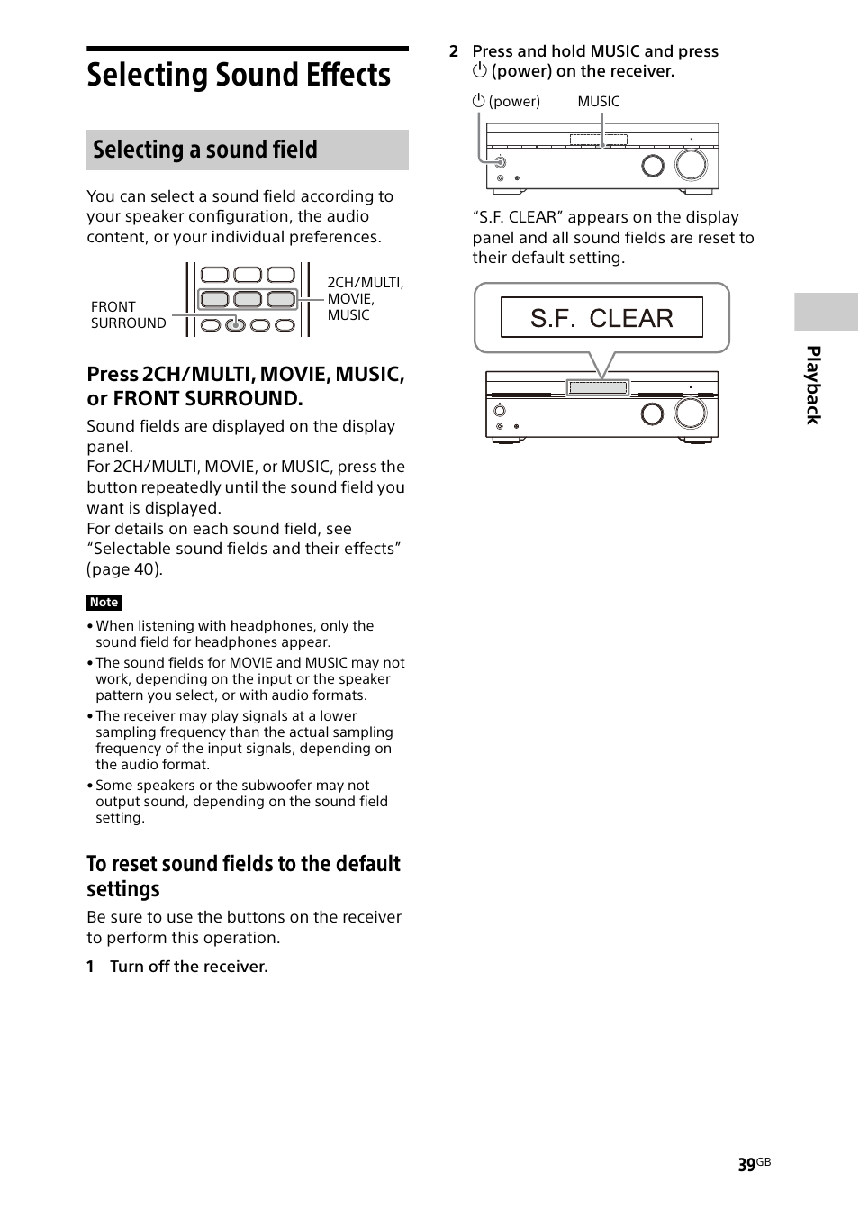 Selecting sound effects, Selecting a sound field, Press 2ch/multi, movie, music, or front surround | Sony BDP-S1700 Blu-ray Disc Player User Manual | Page 39 / 64