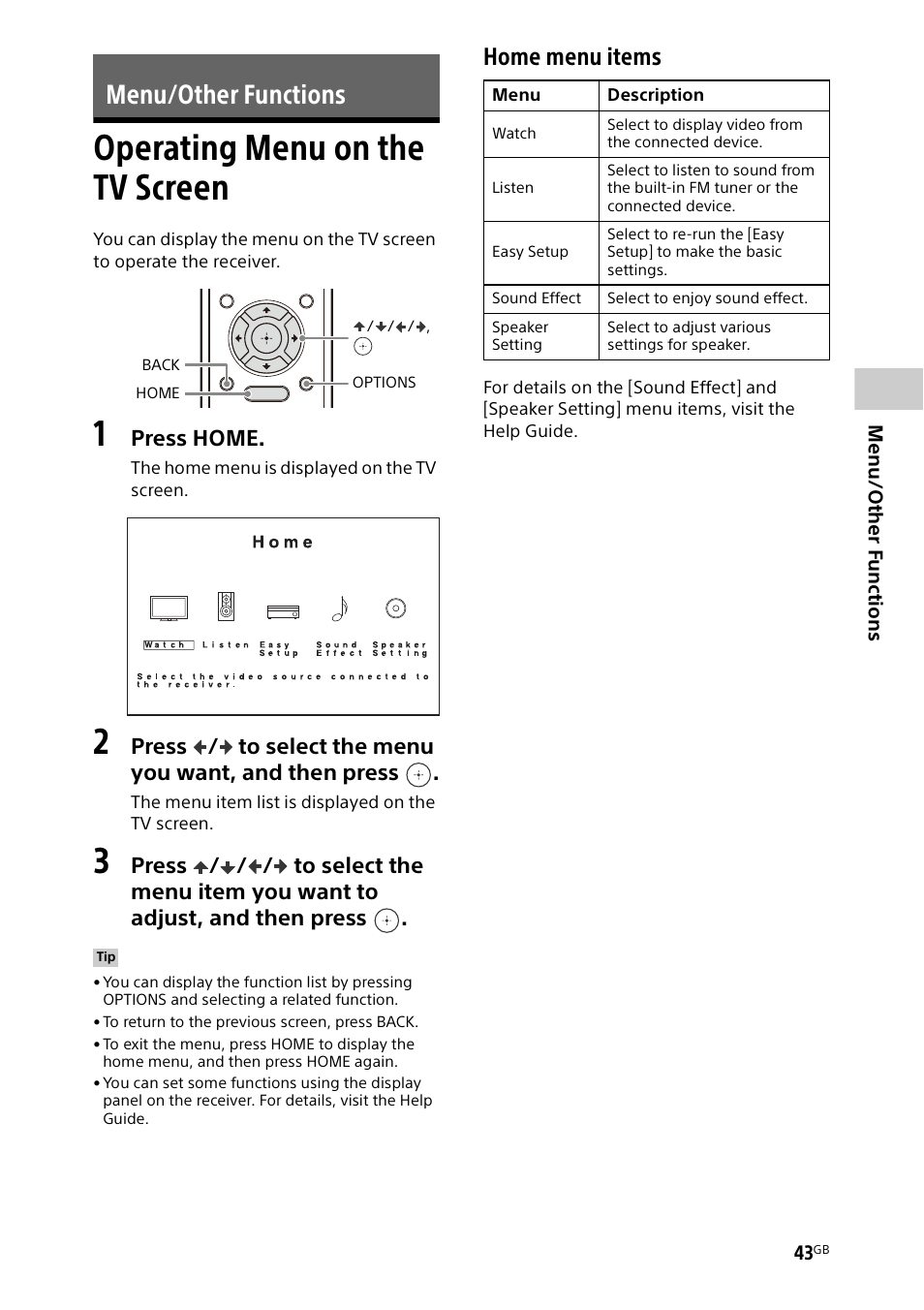 Menu/other functions, Operating menu on the tv screen, Home menu items | Sony BDP-S1700 Blu-ray Disc Player User Manual | Page 43 / 64