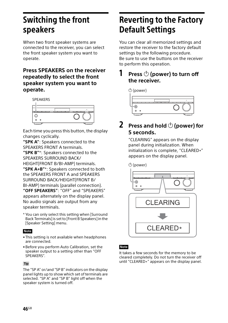 Switching the front speakers, Reverting to the factory default settings, Reverting to the factory default | Settings | Sony BDP-S1700 Blu-ray Disc Player User Manual | Page 46 / 64