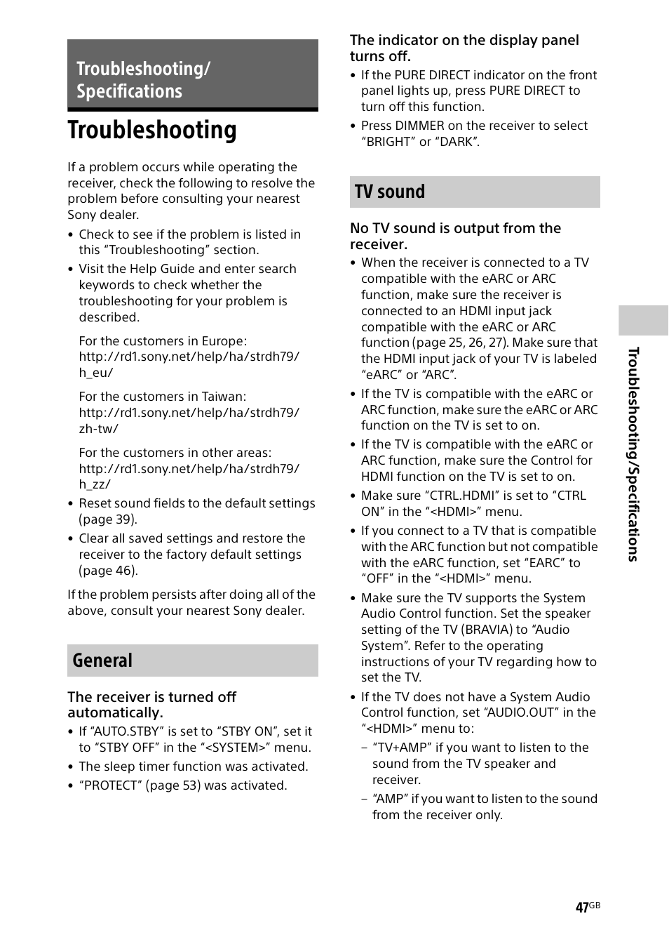 Troubleshooting/ specifications, Troubleshooting, Troubleshooting/ specifications general tv sound | Sony BDP-S1700 Blu-ray Disc Player User Manual | Page 47 / 64