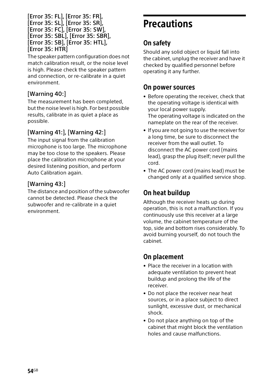 Precautions, On safety, On power sources | On heat buildup, On placement | Sony BDP-S1700 Blu-ray Disc Player User Manual | Page 54 / 64