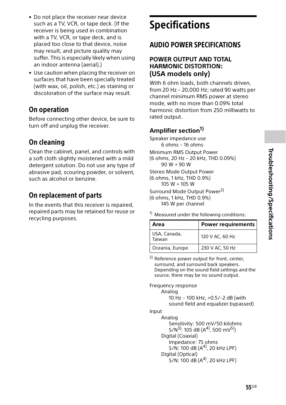 Specifications, On operation, On cleaning | On replacement of parts, Audio power specifications, Usa models only) | Sony BDP-S1700 Blu-ray Disc Player User Manual | Page 55 / 64