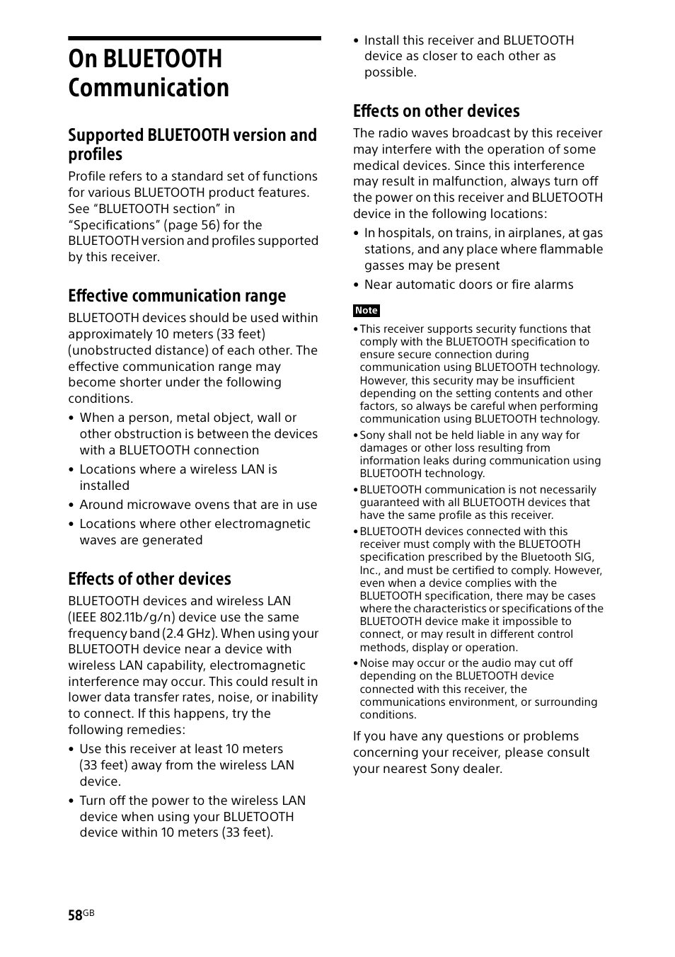 On bluetooth communication, Supported bluetooth version and profiles, Effective communication range | Effects of other devices, Effects on other devices | Sony BDP-S1700 Blu-ray Disc Player User Manual | Page 58 / 64