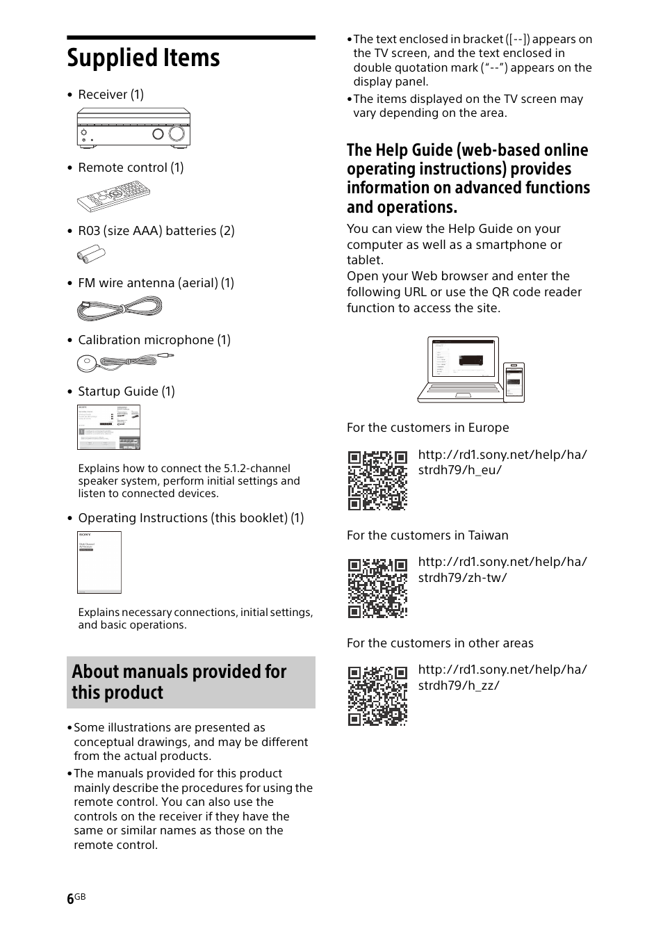 Supplied items, About manuals provided for this product | Sony BDP-S1700 Blu-ray Disc Player User Manual | Page 6 / 64