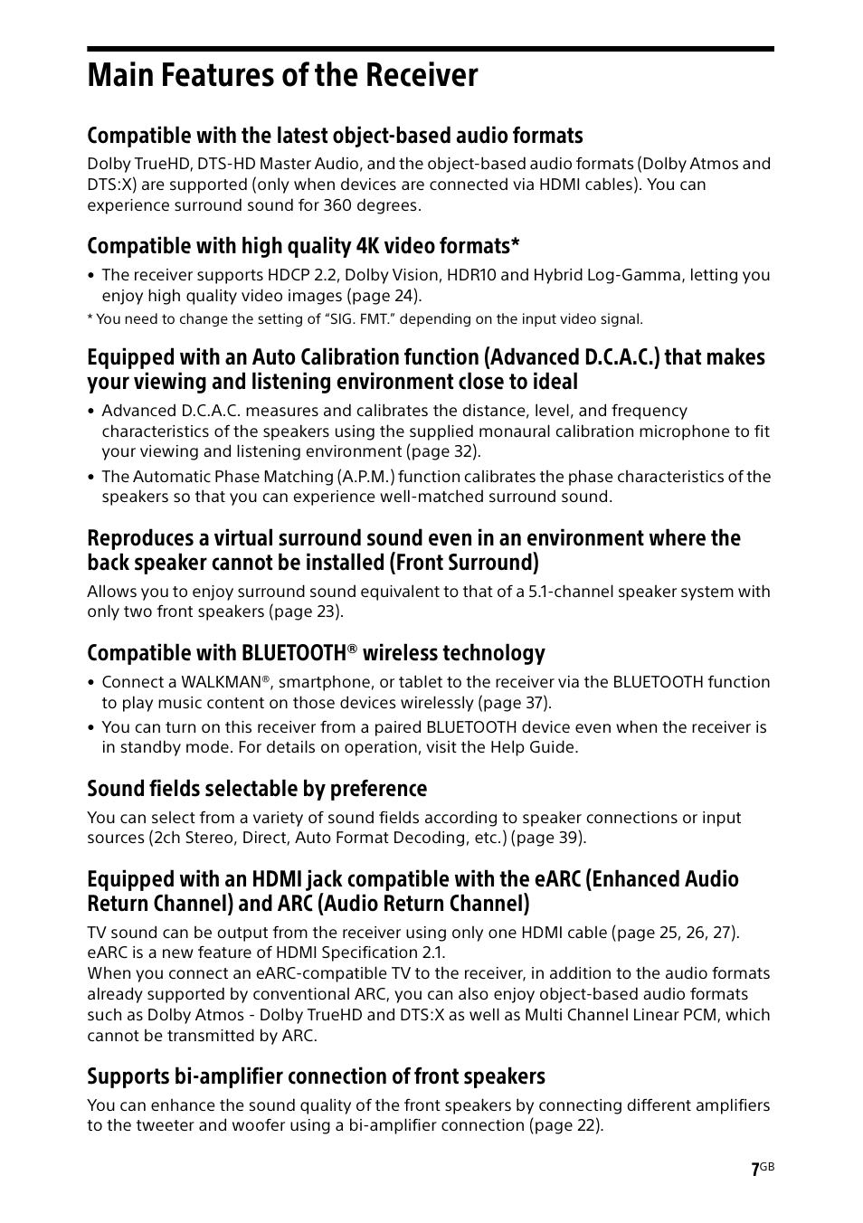 Main features of the receiver, Compatible with high quality 4k video formats, Compatible with bluetooth® wireless technology | Sound fields selectable by preference, Supports bi-amplifier connection of front speakers | Sony BDP-S1700 Blu-ray Disc Player User Manual | Page 7 / 64