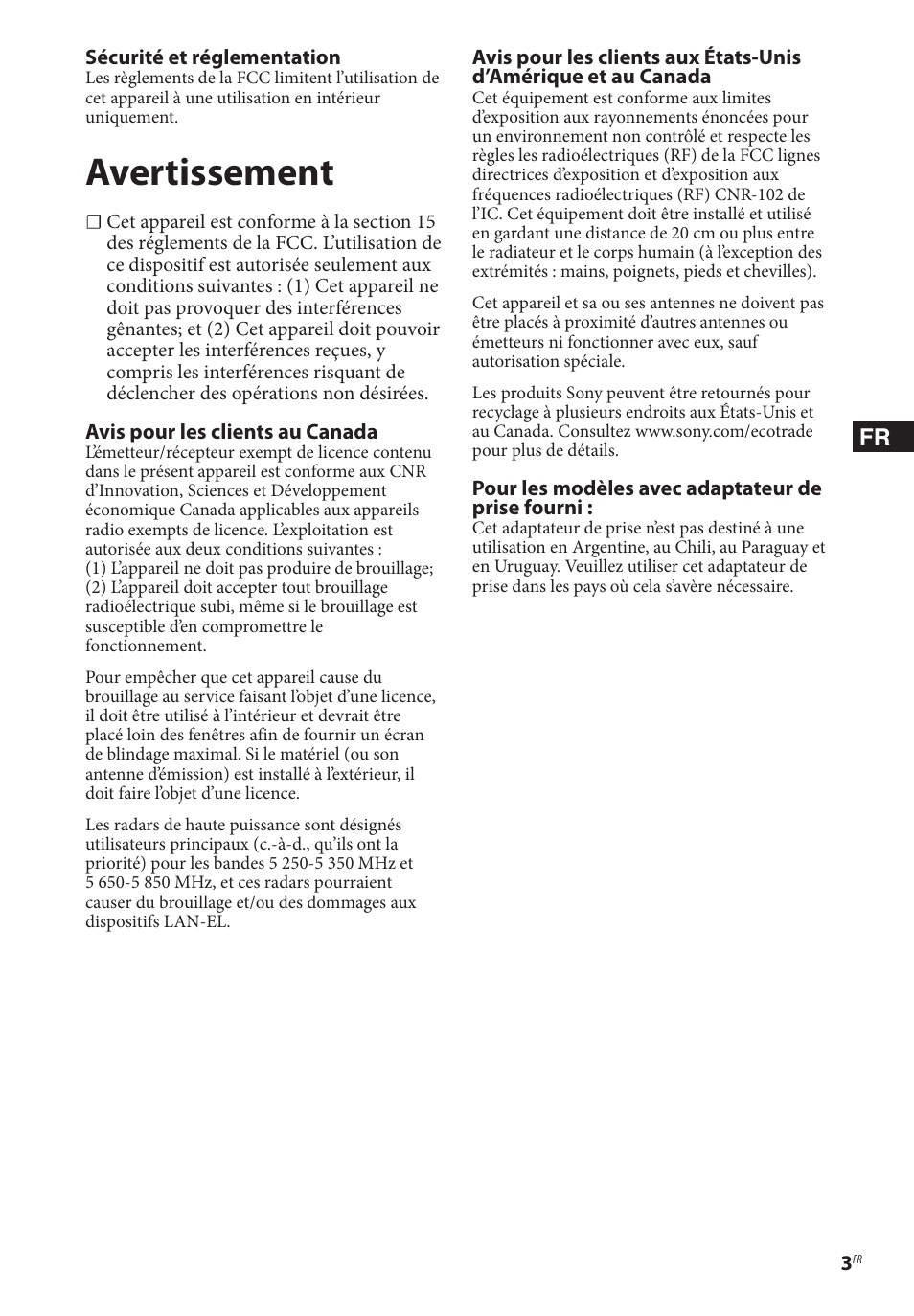 Avertissement | Sony BDP-BX370 Network Blu-ray Disc Player User Manual | Page 17 / 44