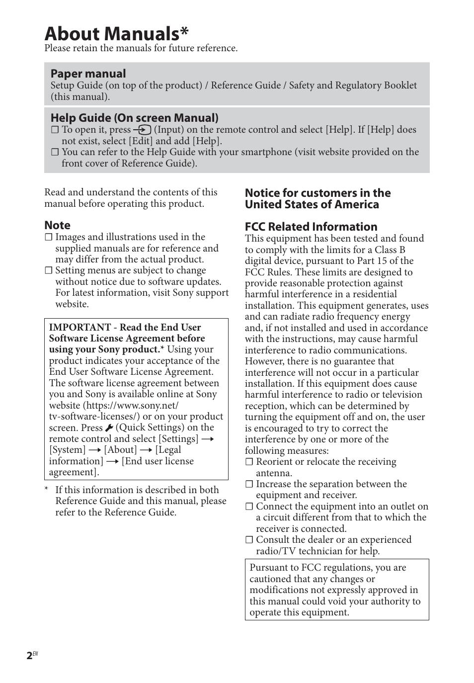 About manuals | Sony BDP-BX370 Network Blu-ray Disc Player User Manual | Page 2 / 44