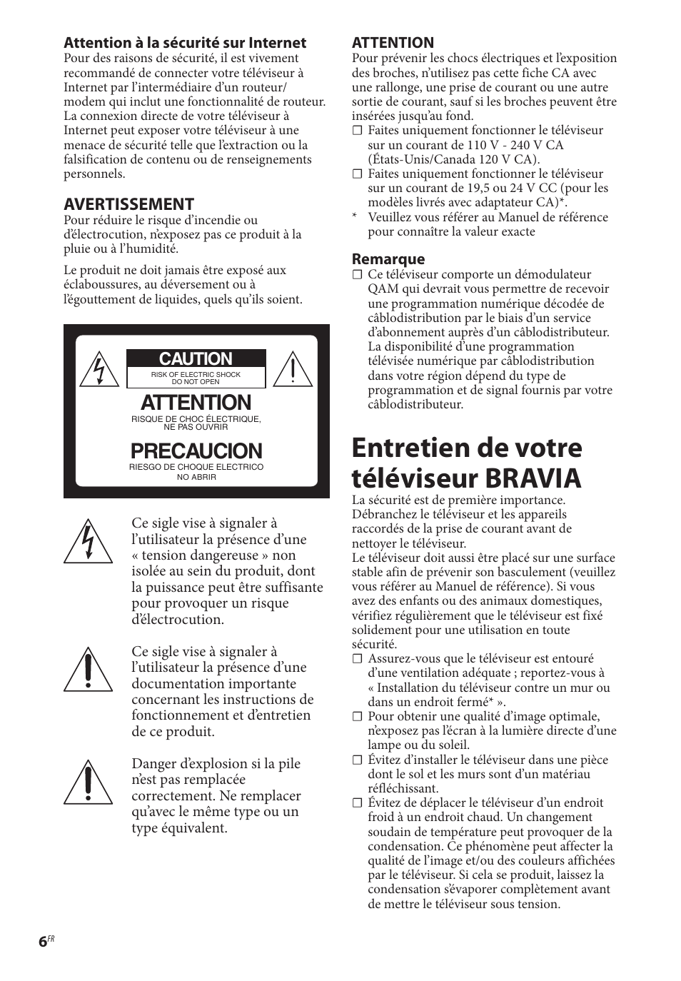 Entretien de votre téléviseur bravia, Attention, Precaucion | Avertissement, Caution | Sony BDP-BX370 Network Blu-ray Disc Player User Manual | Page 20 / 44