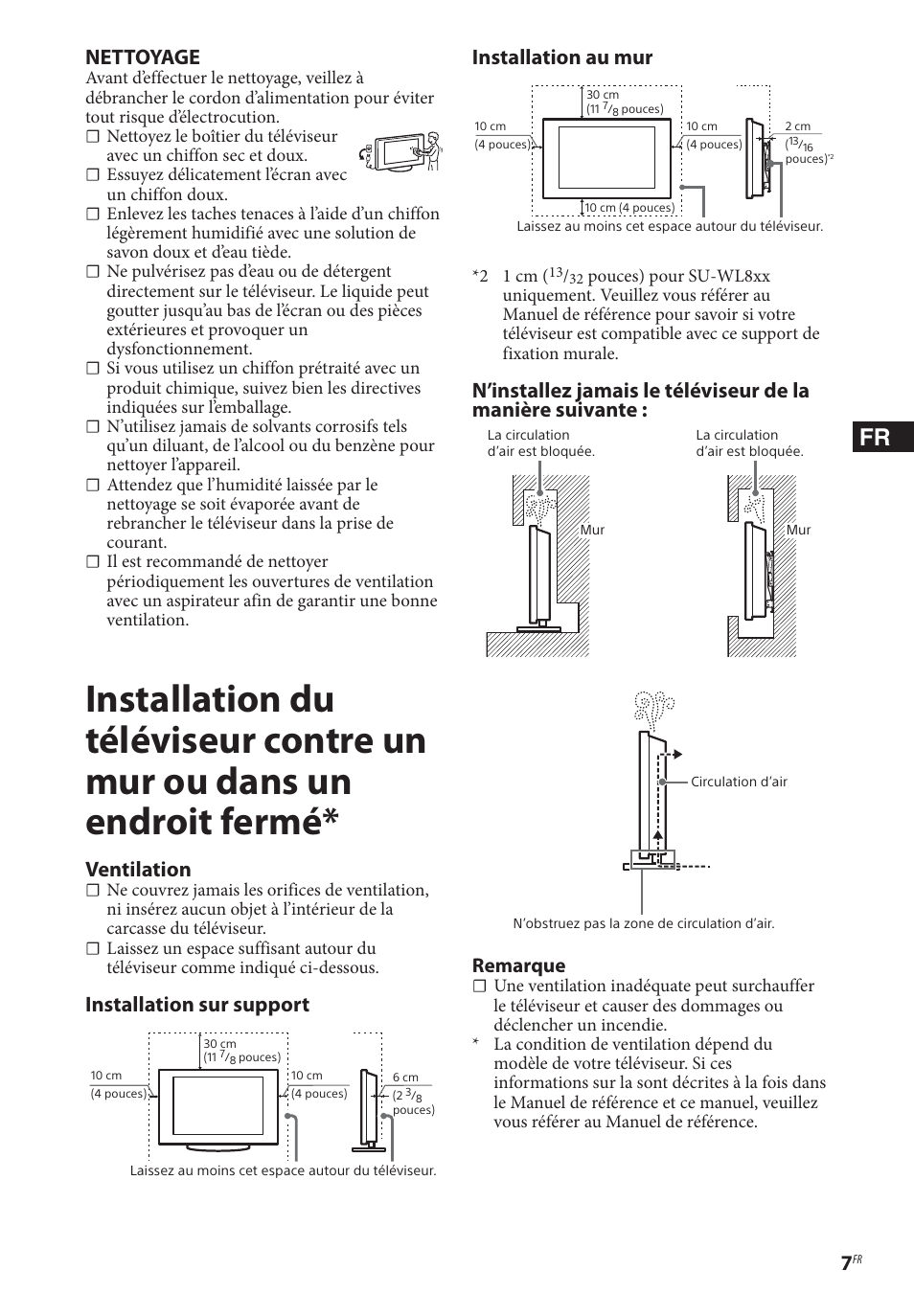 Nettoyage, Ventilation, Installation sur support | Installation au mur | Sony BDP-BX370 Network Blu-ray Disc Player User Manual | Page 21 / 44