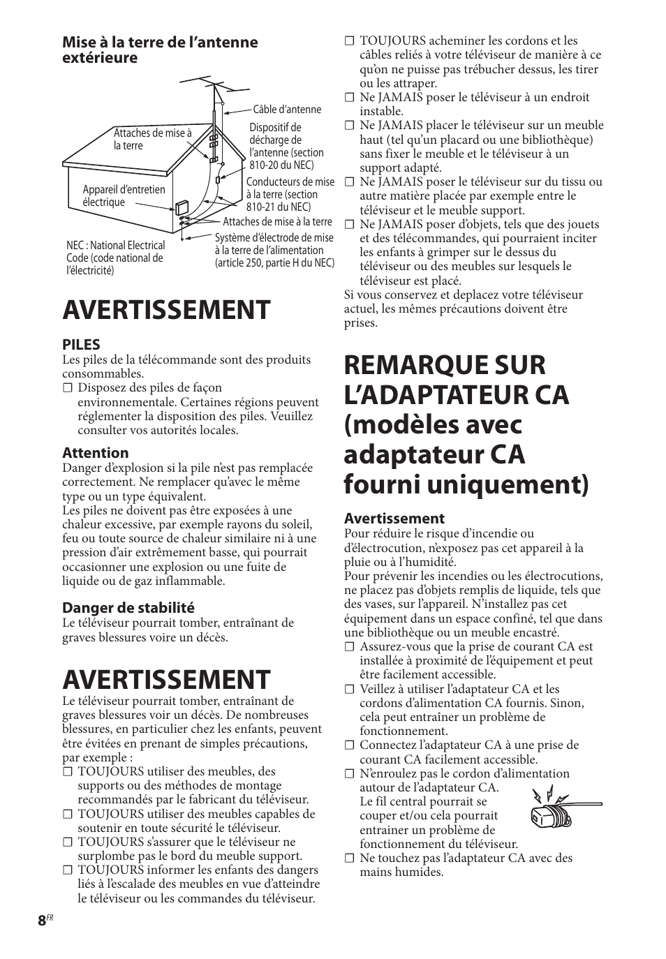 Avertissement | Sony BDP-BX370 Network Blu-ray Disc Player User Manual | Page 22 / 44