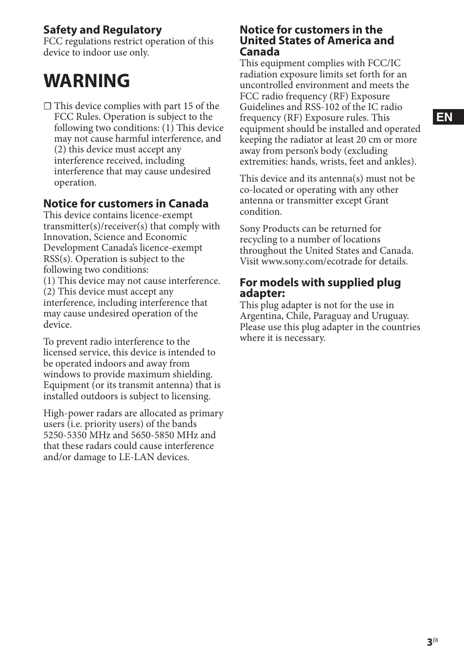 Warning | Sony BDP-BX370 Network Blu-ray Disc Player User Manual | Page 3 / 44